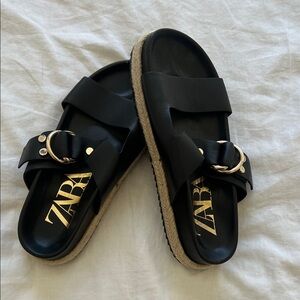 Zara Black Slides with Gold Buckle and Rope Trim